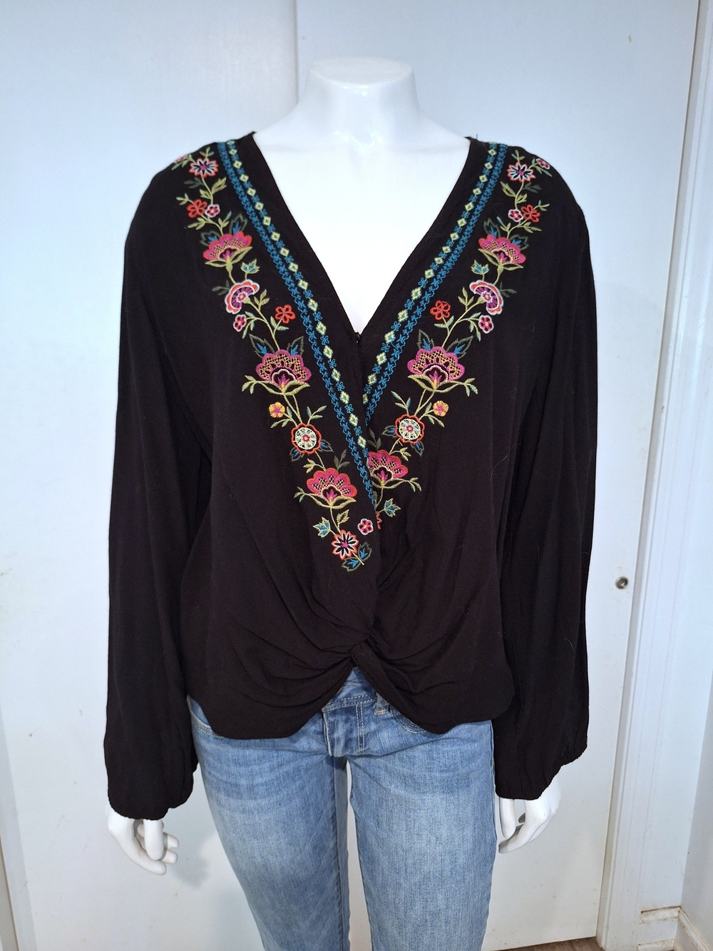 Umgee Black Embroidered V-Neck Twist Front Top